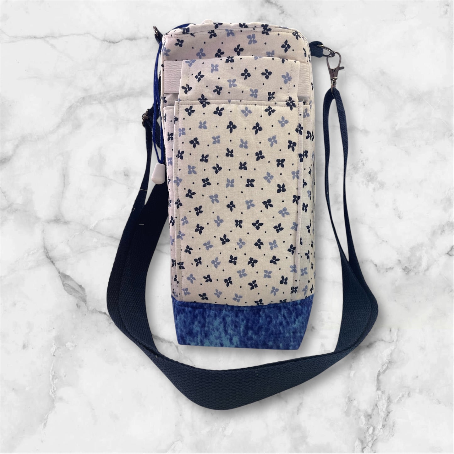 Water Bottle, Phone & Wallet Bag - Blue Flowers on White with Blue Lining
