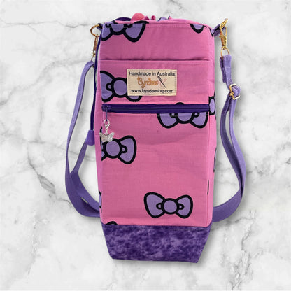 Water Bottle, Phone & Wallet Bag - Pink w Purple Bows with Purple Lining