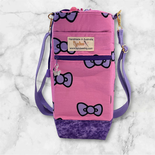 Water Bottle, Phone & Wallet Bag - Pink w Purple Bows with Purple Lining