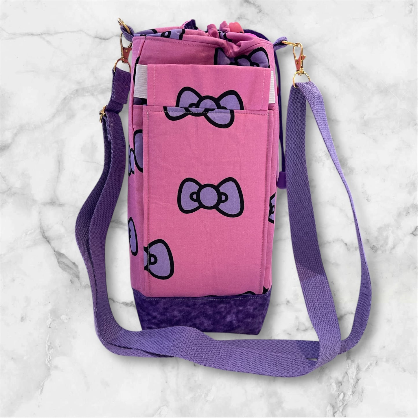 Water Bottle, Phone & Wallet Bag - Pink w Purple Bows with Purple Lining