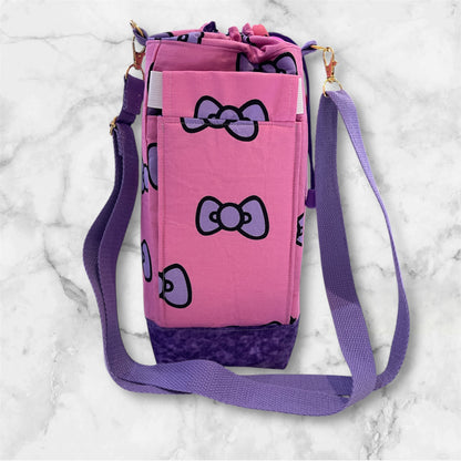 Water Bottle, Phone & Wallet Bag - Pink w Purple Bows with Purple Lining