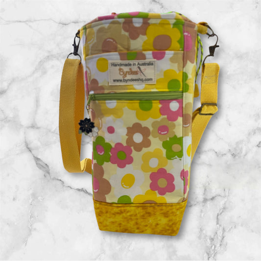 Water Bottle, Phone & Wallet Bag - Retro Flowers with Yellow Lining