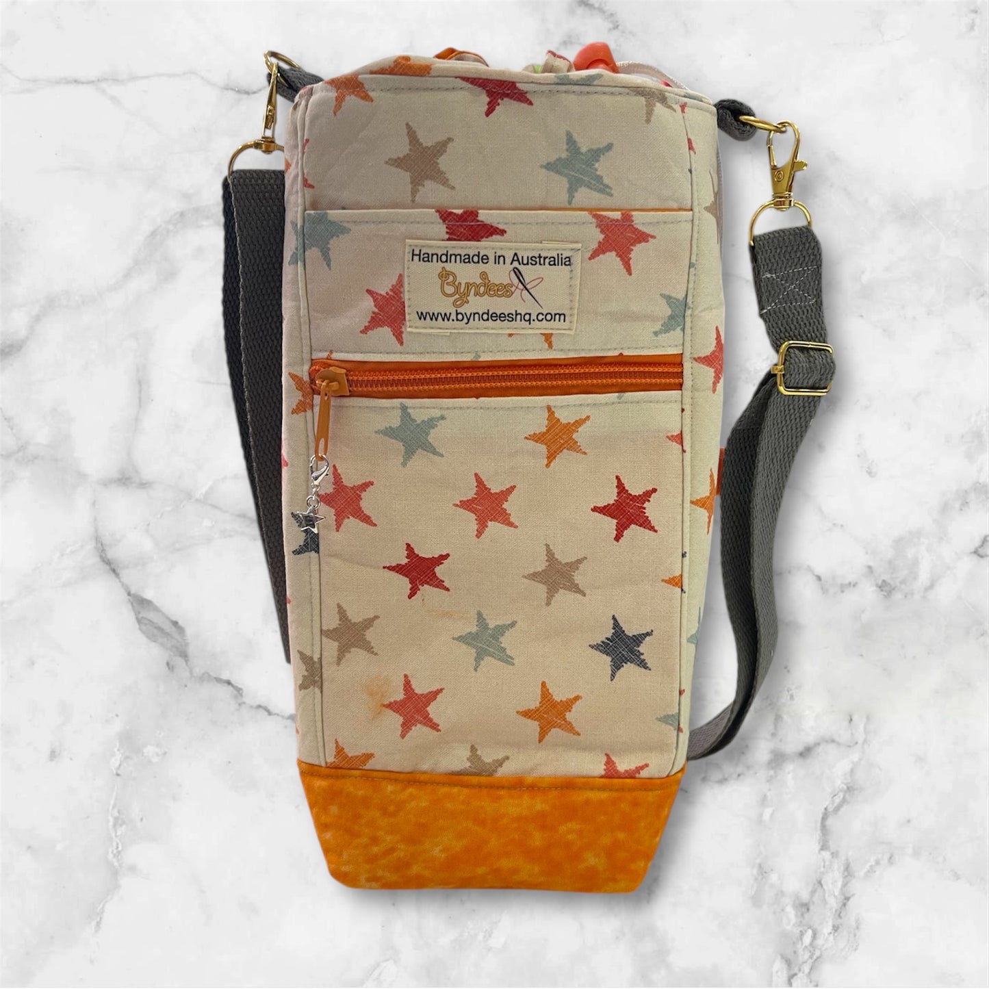 Water Bottle, Phone & Wallet Bag - White with Black Buttons with Green Lining