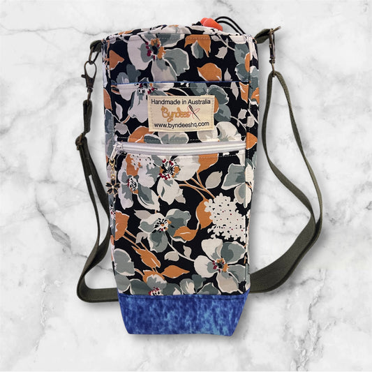 Water Bottle, Phone & Wallet Bag - Grey & Orange Flowers with Blue Lining
