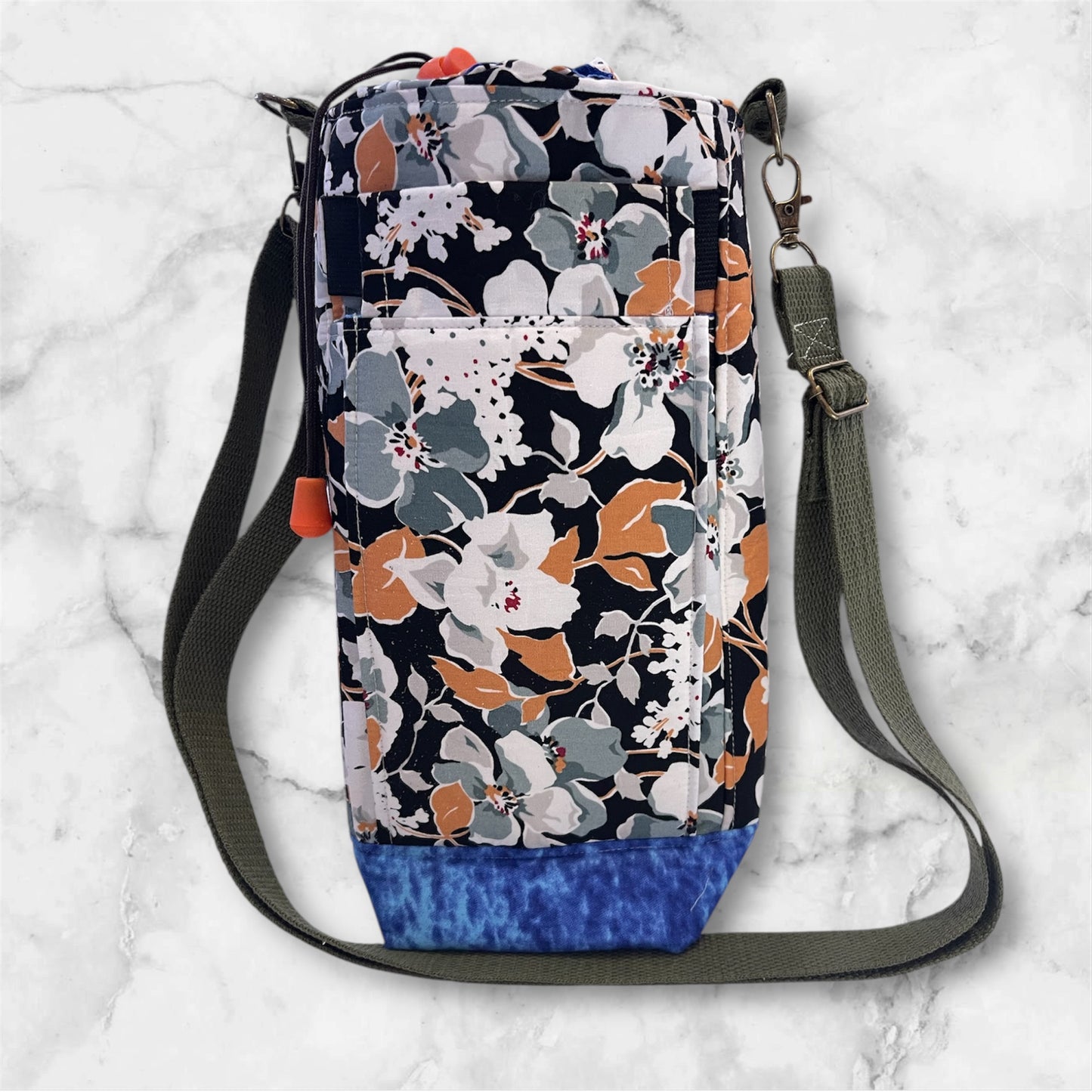 Water Bottle, Phone & Wallet Bag - Grey & Orange Flowers with Blue Lining