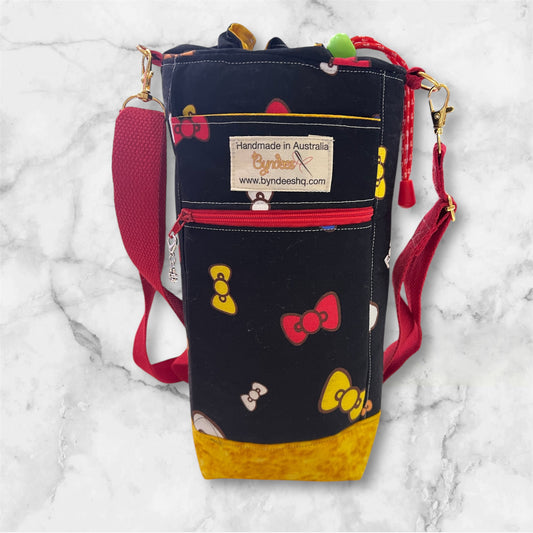 Water Bottle, Phone & Wallet Bag - Bright Bows on Black with Yellow Lining