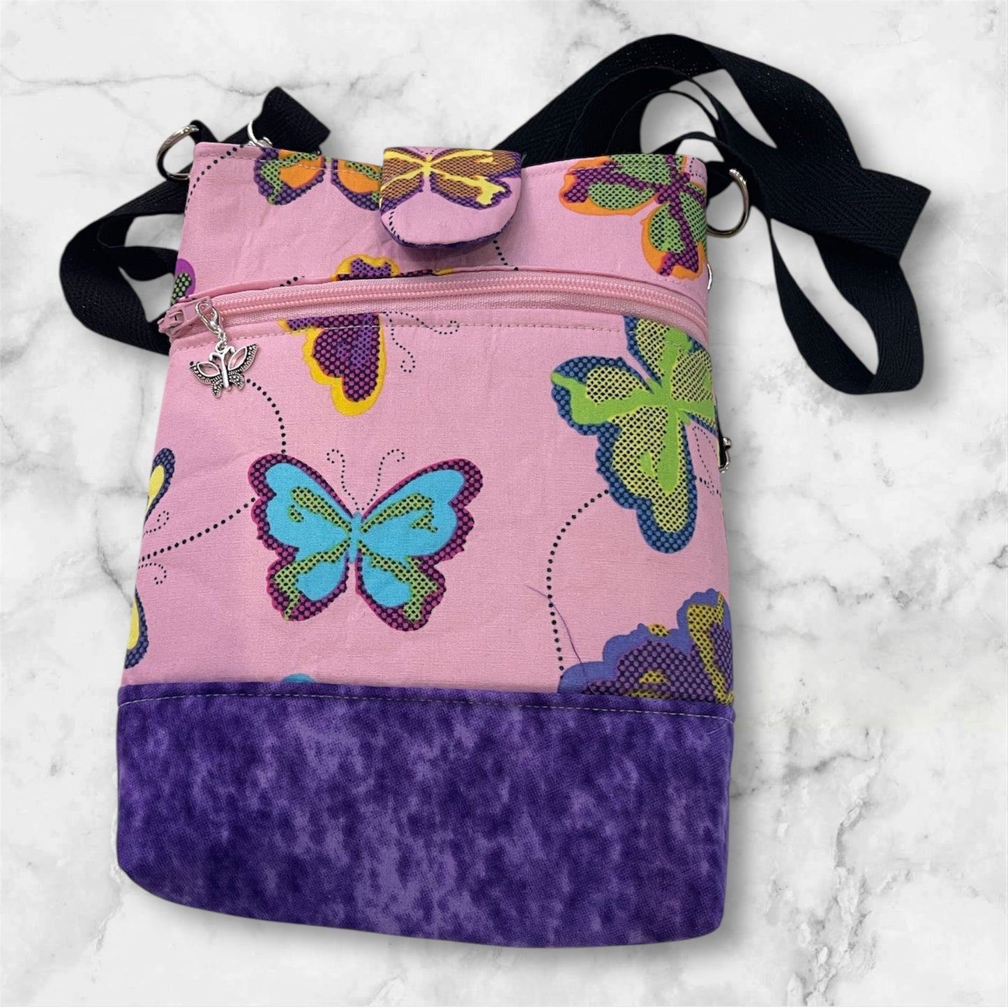 Mobile Phone & Wallet Bag - Butterflies on Pink w Purple Lining