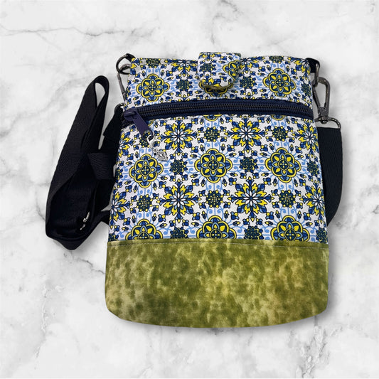 Mobile Phone & Wallet Bag - Blue & Yellow Pattern w Olive Lining
