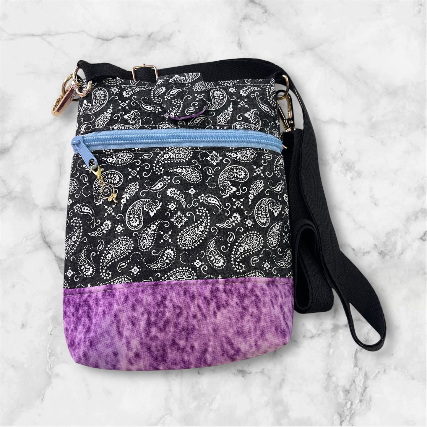 Mobile Phone & Wallet Bag - Paisley Black w Lilac Lining