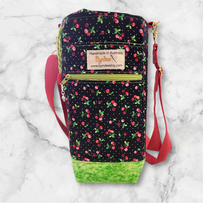 Water Bottle, Phone & Wallet Bag - Cherries on Black with Green Lining