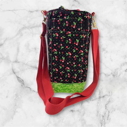 Water Bottle, Phone & Wallet Bag - Cherries on Black with Green Lining