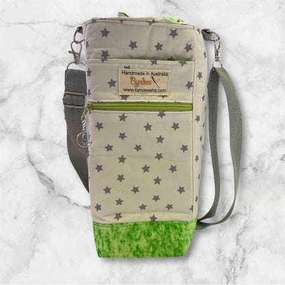 Water Bottle, Phone & Wallet Bag - Grey Stars on White with Green Lining