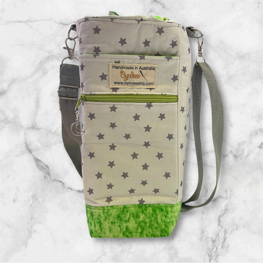 Water Bottle, Phone & Wallet Bag - Grey Stars on White with Green Lining