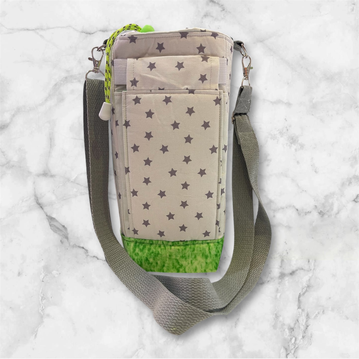 Water Bottle, Phone & Wallet Bag - Grey Stars on White with Green Lining