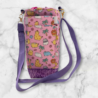 Water Bottle, Phone & Wallet Bag - Cartoon Animals with Lilac Lining