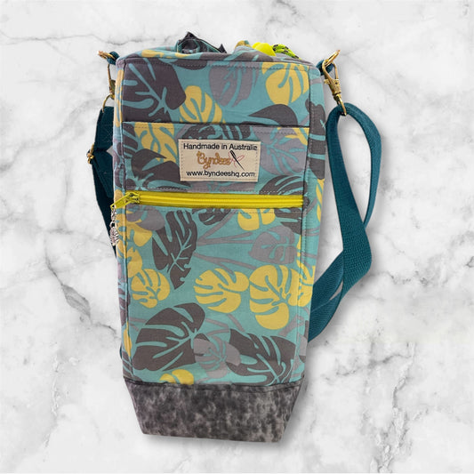 Water Bottle, Phone & Wallet Bag - Grey & Yellow on Green with Grey Lining