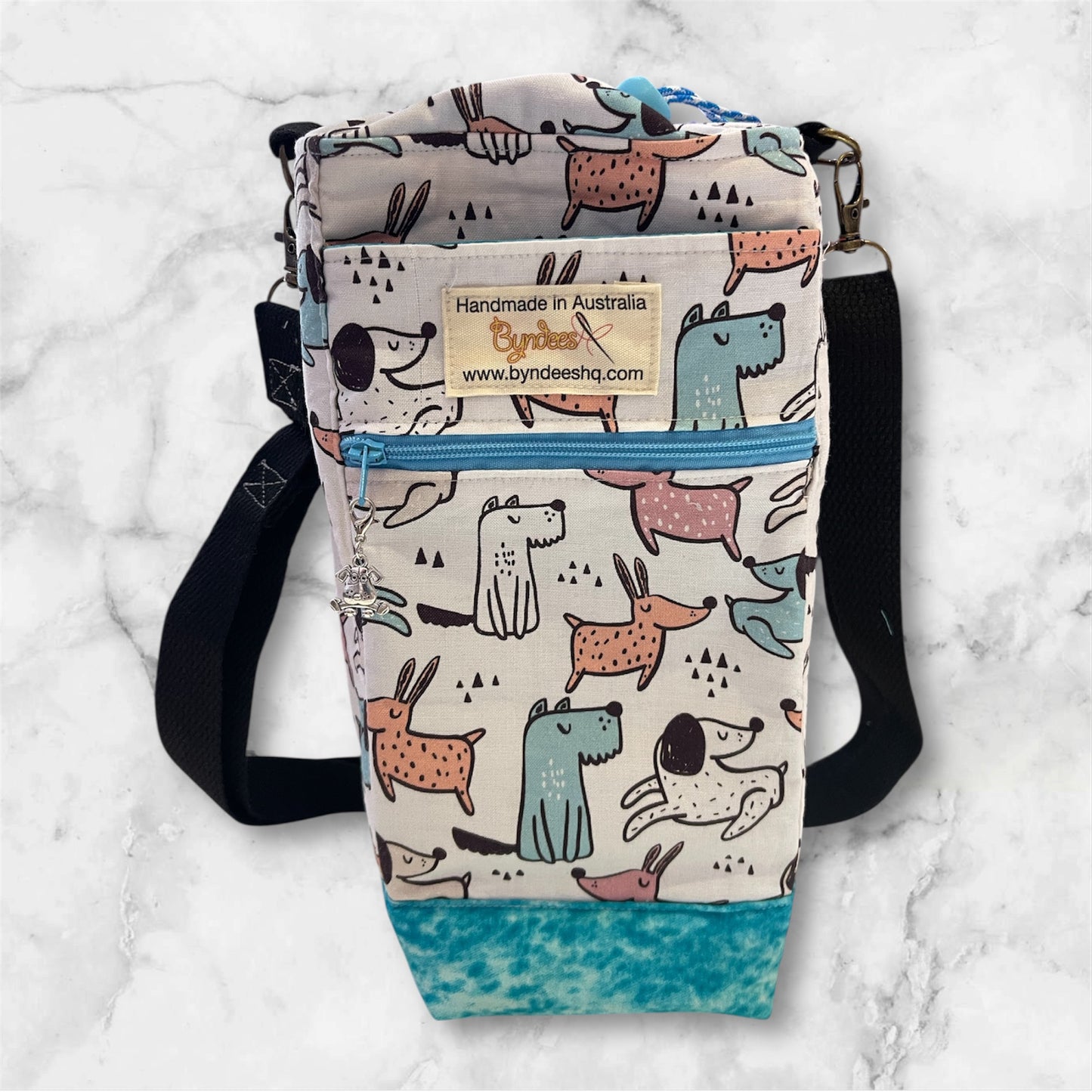 Water Bottle, Phone & Wallet Bag - Cartoon Dogs with Lite Blue Lining