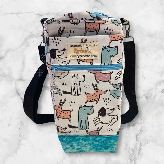 Water Bottle, Phone & Wallet Bag - Cartoon Dogs with Lite Blue Lining