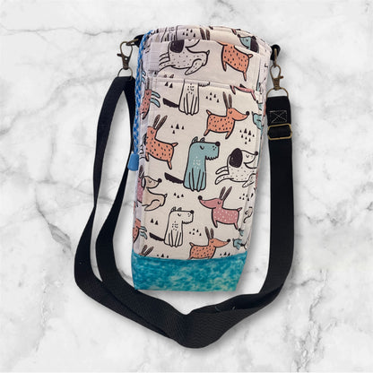 Water Bottle, Phone & Wallet Bag - Cartoon Dogs with Lite Blue Lining