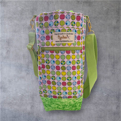 Water Bottle, Phone & Wallet Bag - Colourful Dots on Pink with Green Lining