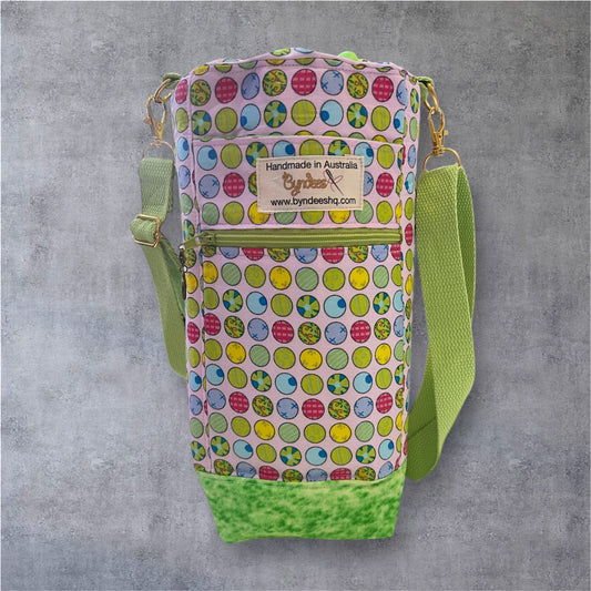 Water Bottle, Phone & Wallet Bag - Colourful Dots on Pink with Green Lining