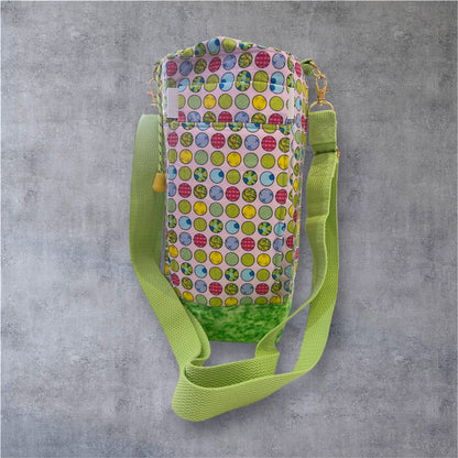 Water Bottle, Phone & Wallet Bag - Colourful Dots on Pink with Green Lining