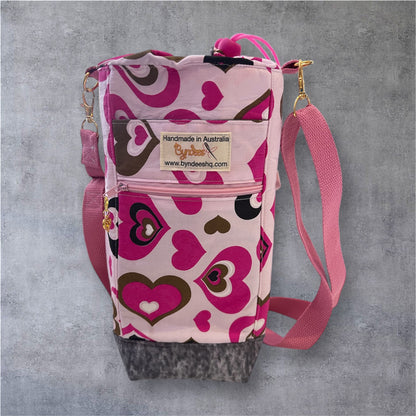 Water Bottle, Phone & Wallet Bag - Pink Hearts with Grey Lining