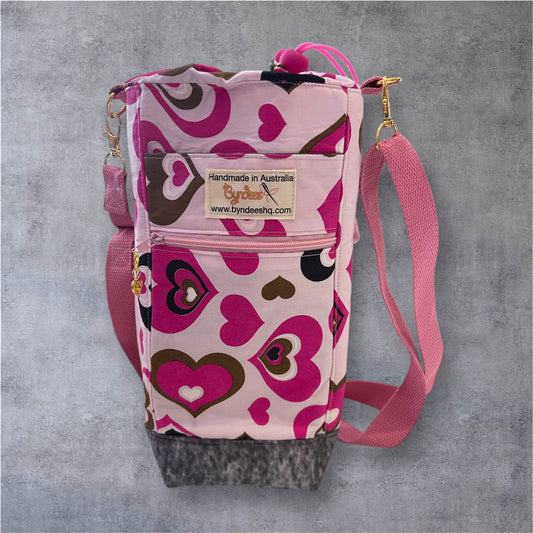 Water Bottle, Phone & Wallet Bag - Pink Hearts with Grey Lining