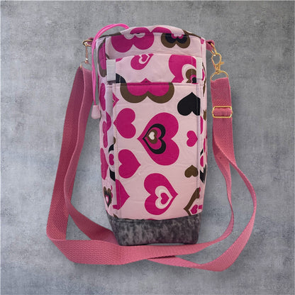 Water Bottle, Phone & Wallet Bag - Pink Hearts with Grey Lining