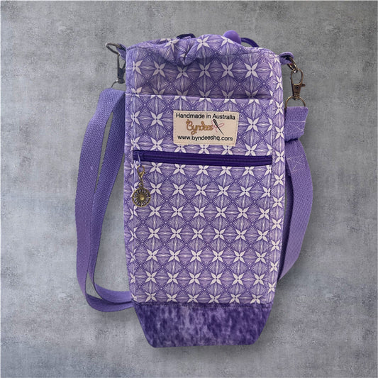 Water Bottle, Phone & Wallet Bag - Purple & White Patten with Purple Lining