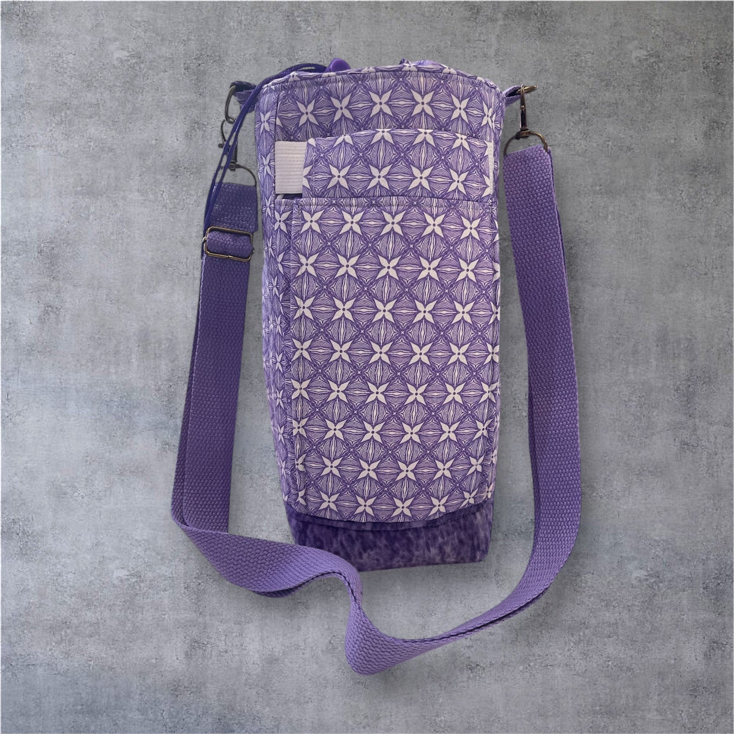 Water Bottle, Phone & Wallet Bag - Purple & White Patten with Purple Lining