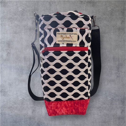 Water Bottle, Phone & Wallet Bag - Black & White Patten with Red Lining