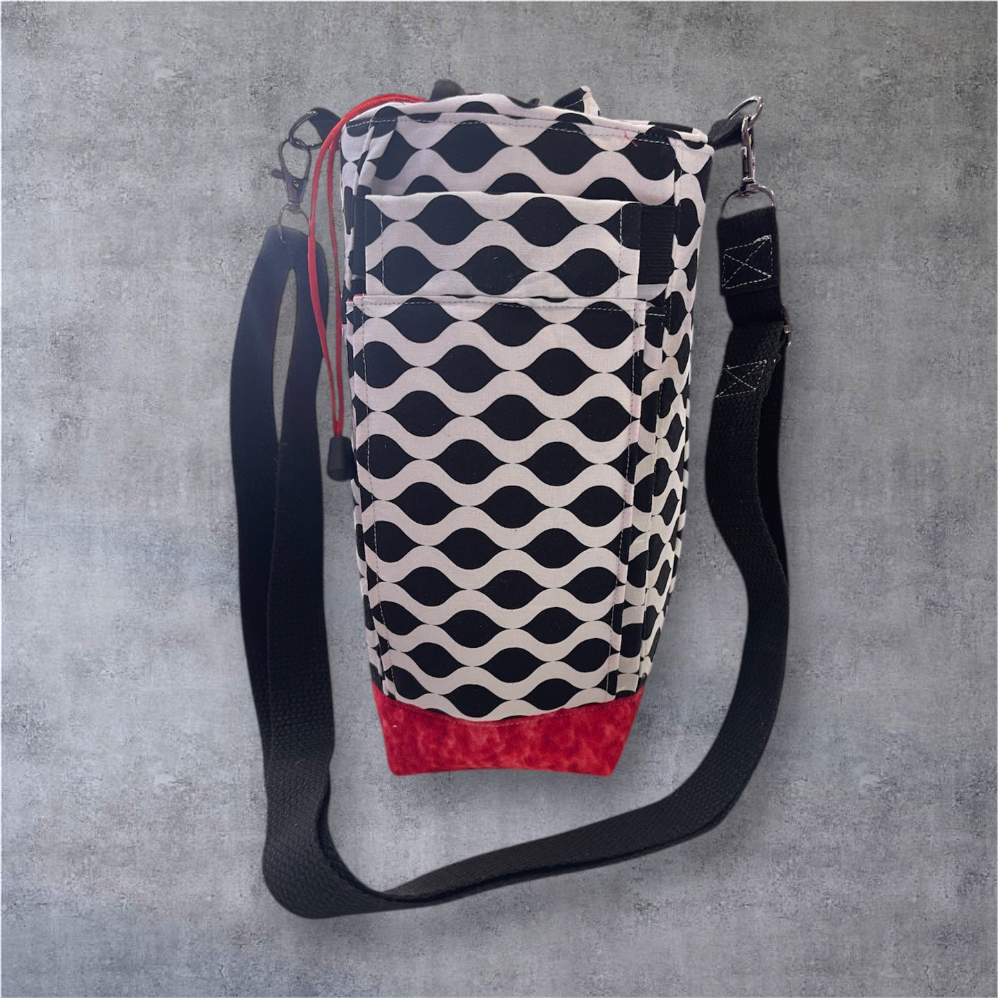 Water Bottle, Phone & Wallet Bag - Black & White Patten with Red Lining