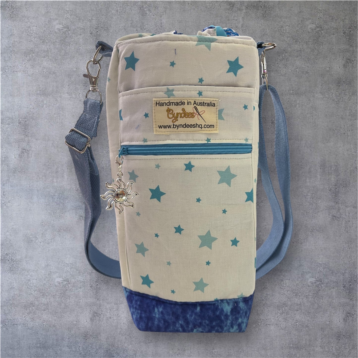Water Bottle, Phone & Wallet Bag - Blue Stars on White with Blue Lining