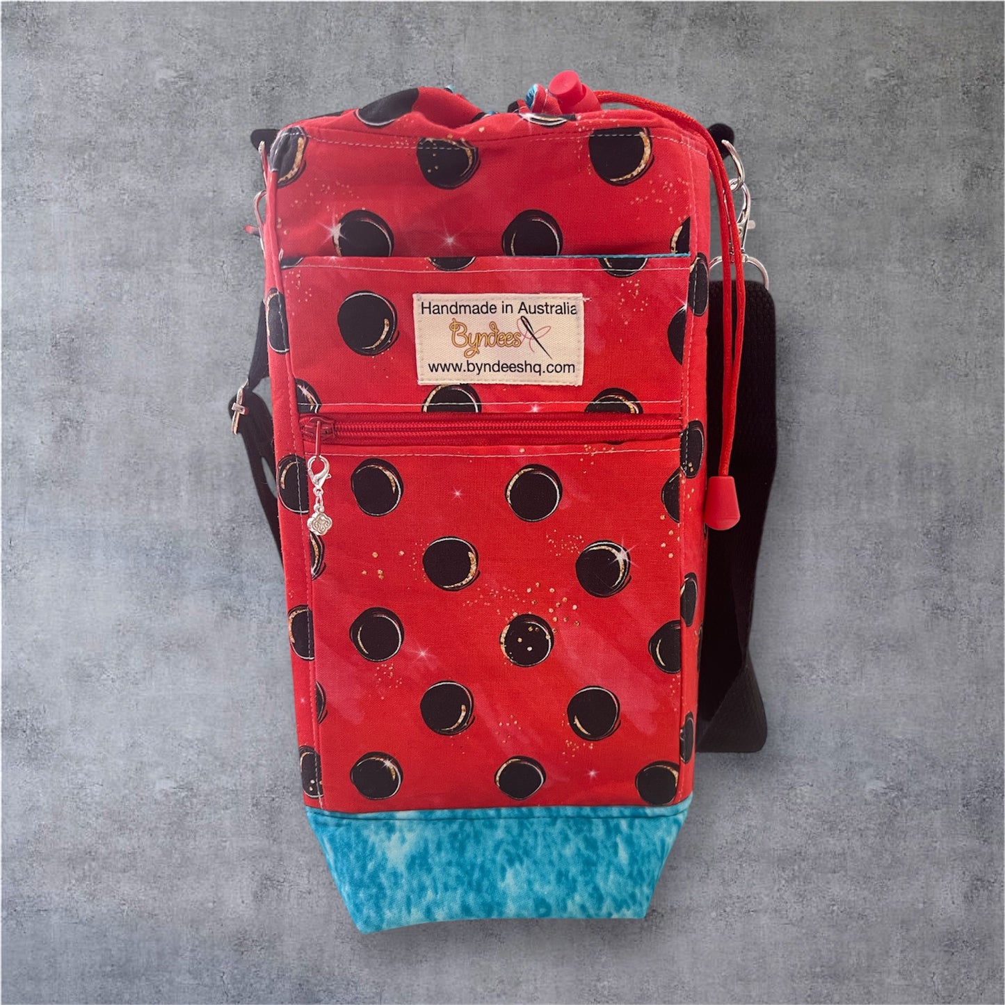 Water Bottle, Phone & Wallet Bag - Black Dots on Red with Lite Blue Lining