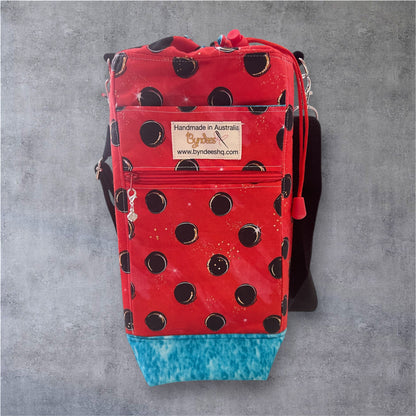 Water Bottle, Phone & Wallet Bag - Black Dots on Red with Lite Blue Lining