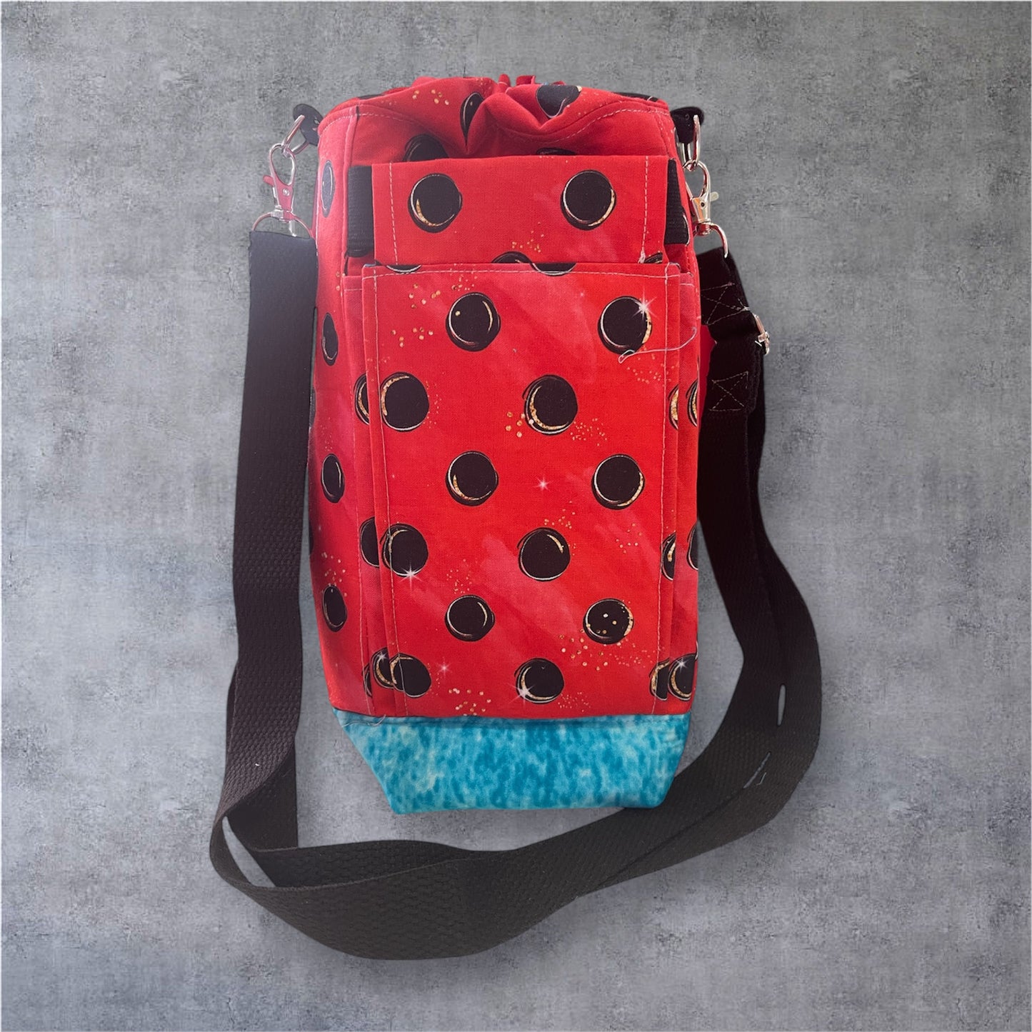 Water Bottle, Phone & Wallet Bag - Black Dots on Red with Lite Blue Lining