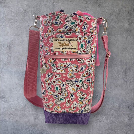 Water Bottle, Phone & Wallet Bag - Cartoon Flowers on Pink with Purple Lining