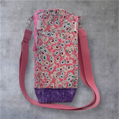 Water Bottle, Phone & Wallet Bag - Cartoon Flowers on Pink with Purple Lining