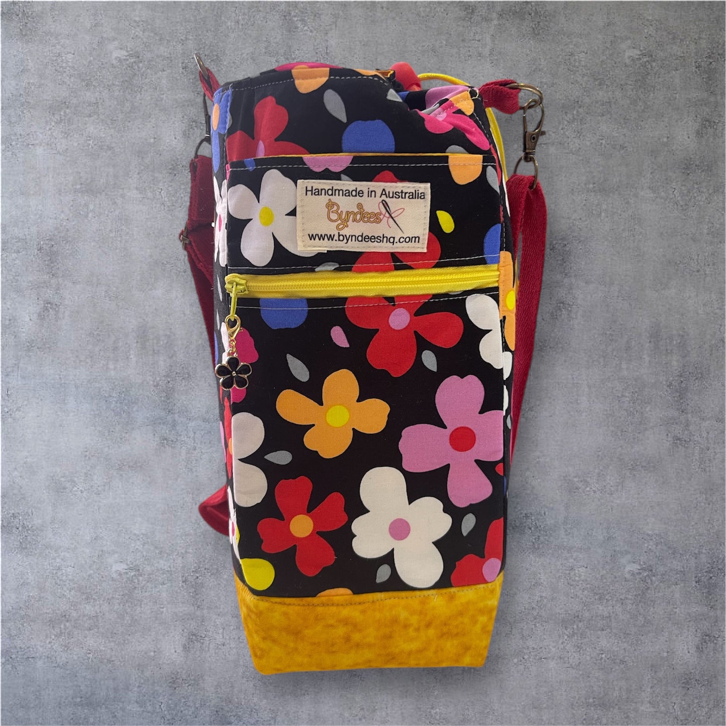 Water Bottle, Phone & Wallet Bag - Bright Flowers on Black with Yellow Lining