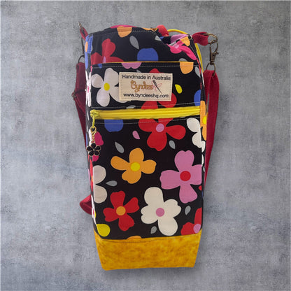 Water Bottle, Phone & Wallet Bag - Bright Flowers on Black with Yellow Lining