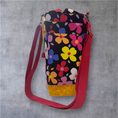 Water Bottle, Phone & Wallet Bag - Bright Flowers on Black with Yellow Lining