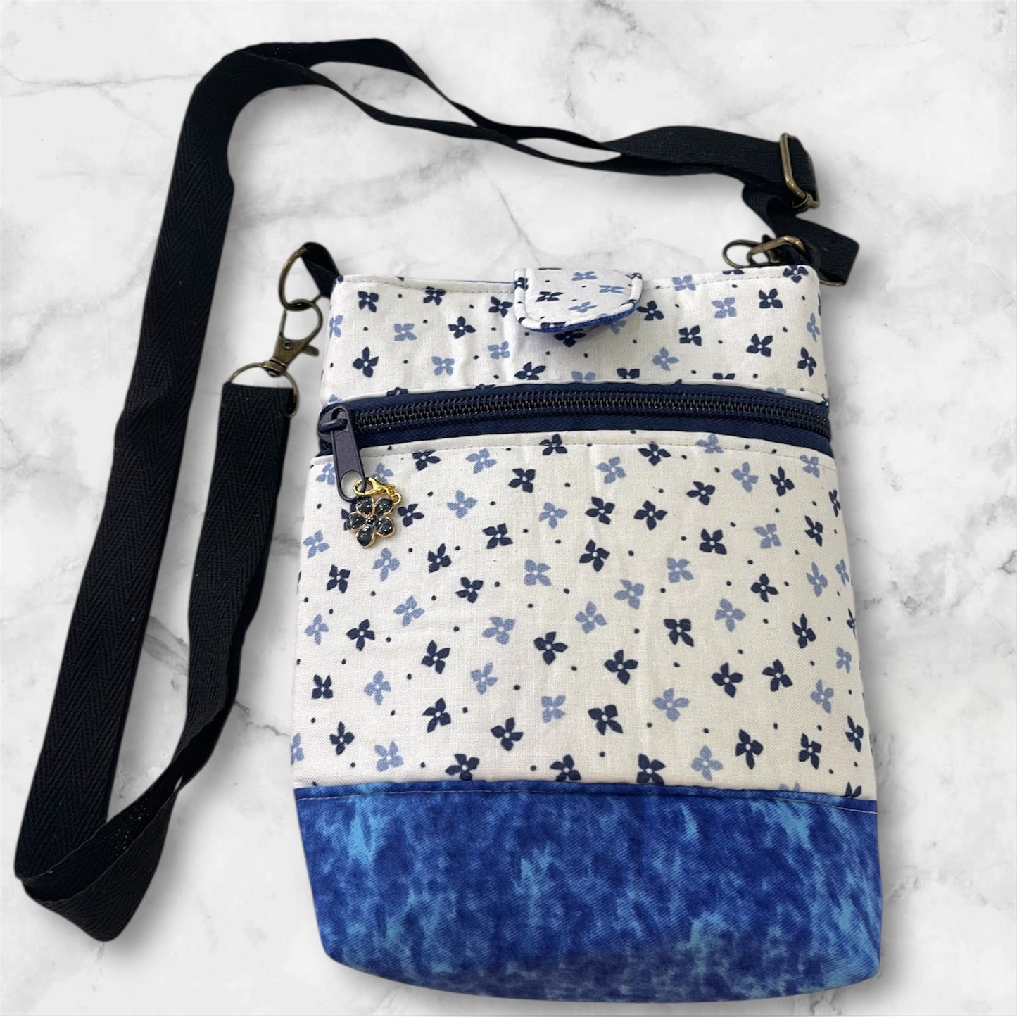 Mobile Phone & Wallet Bag - Tiny Blue Flowers w Blue Lining