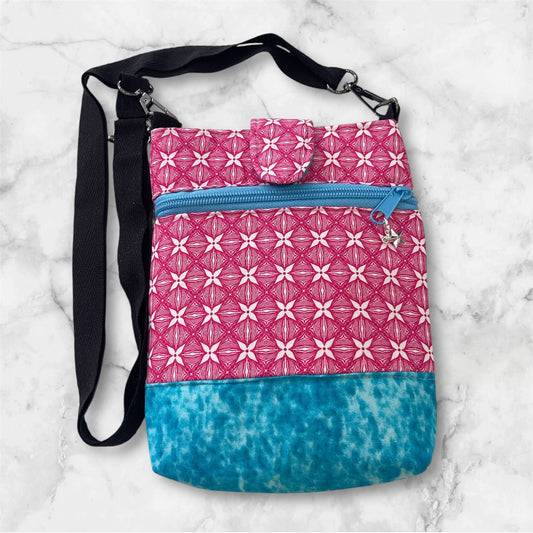 Mobile Phone & Wallet Bag - Pink with White Stars w Lite Blue Lining