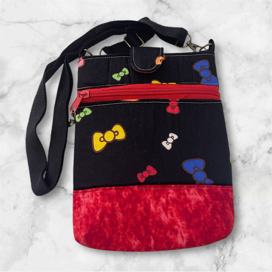 Mobile Phone & Wallet Bag - Coloured Bows on Black w Red Lining