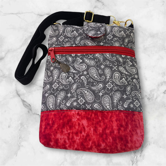 Mobile Phone & Wallet Bag - Paisley Grey w Red Lining
