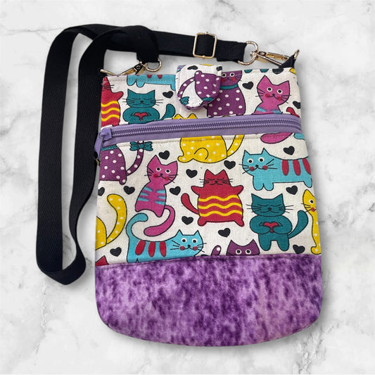 Mobile Phone & Wallet Bag - Bright Cats w Lilac Lining