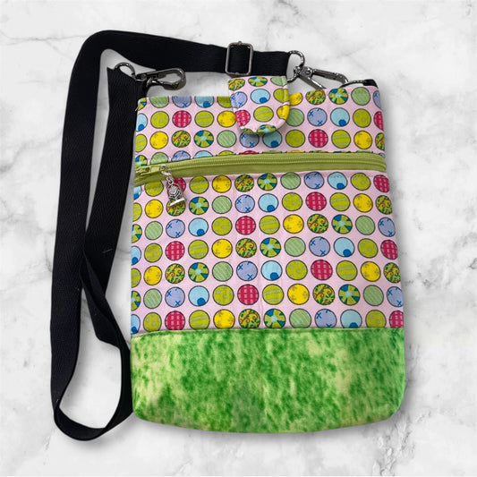 Mobile Phone & Wallet Bag - Coloured Dots on Pink w Green Lining
