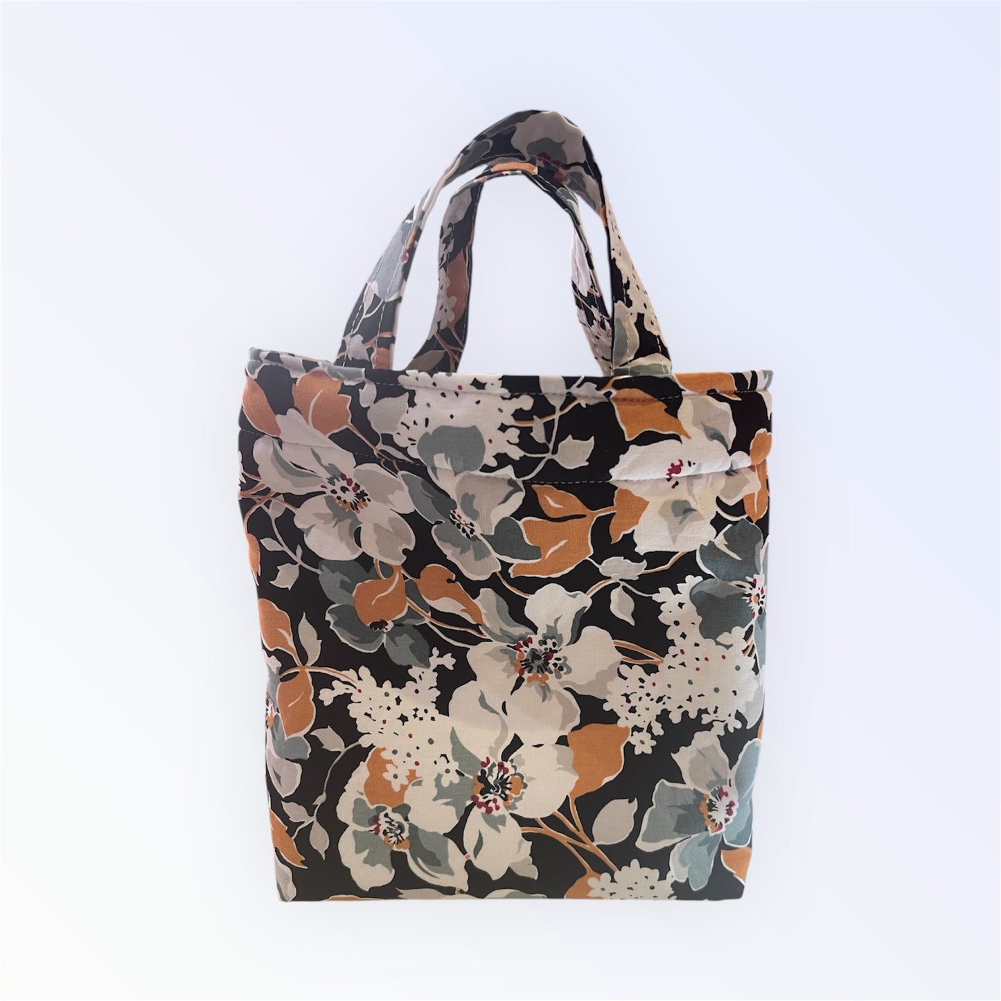 Teeny Tote Bag - Green & Orange Flowers on Black