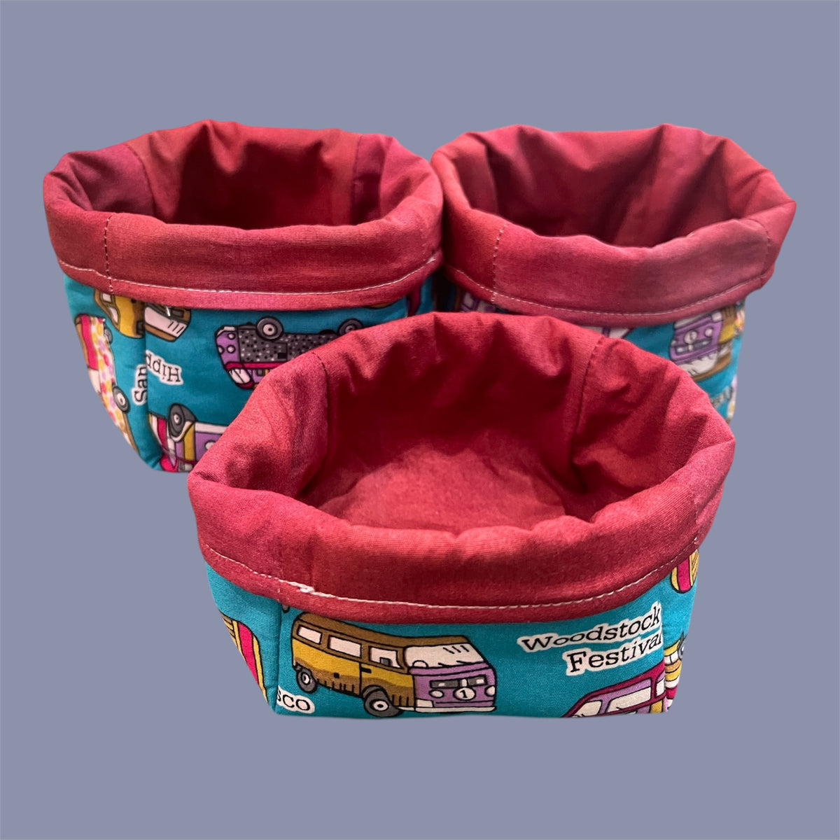 Fabric Boxes - Hippy Bus on Blue with Red Lining